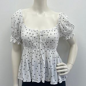 White/ Black Heart Puff Sleeve Top